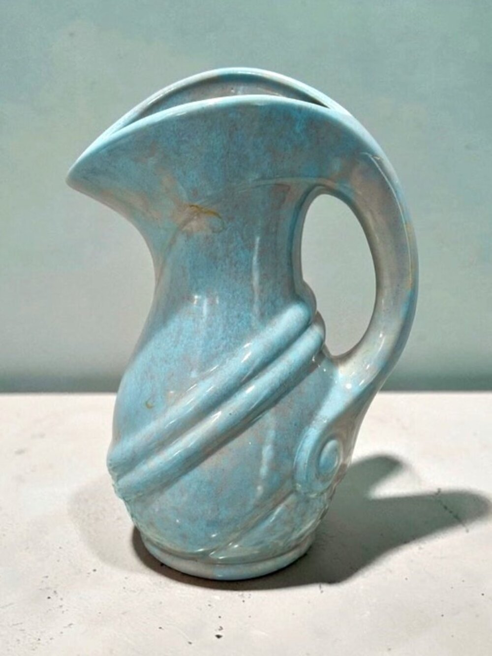 Vintage Gonder Pottery Blue Art Deco Swirl Ribbed Pitcher Vase 10 Inch Unmarked